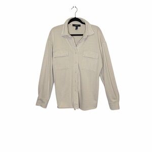 FOREVER 21 WOMENS BEIGE LOG SLEEVE BUTTON UP SHACKET WITH POCKETS SIZE LARGE
